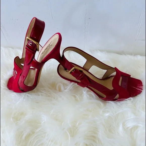 RED YSL Patten Leather & Suede mix high heels sandals. Open Toe, Slingback - Picture 10 of 16